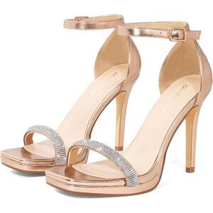 Women's Champagne Synthetic Open Square Toe Ankle Strap High Heel Sandals
